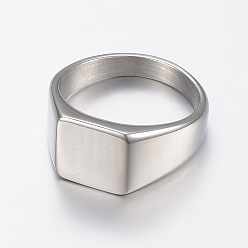 Stainless Steel Color 304 Stainless Steel Finger Rings, Signet Band Rings for Men, Square, Stainless Steel Color, Size 8~13, 18~23mm