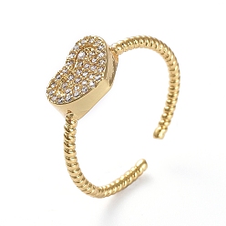 Golden Adjustable Brass Cuff Finger Rings, with Micro Pave Cubic Zirconia, Heart, Clear, Golden, Size 7, 17.1mm