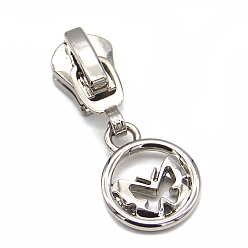 Platinum Zinc Alloy Zipper Head with Flat Round with Butterfly Charms, Zipper Pull Replacement, Zipper Sliders for Purses Luggage Bags Suitcases, Platinum, 4cm