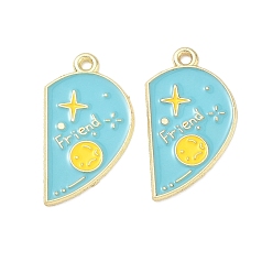 Golden Alloy Enamel Pendants, Heart with Moon Star Charms, Split Pendants, Golden, 27x15x1mm, Hole: 1.6mm