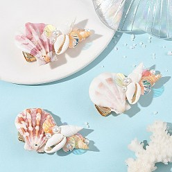 Mixed Color Natural Shell & Shell Pearl & PVC & Iron Alligator Hair Clips, Golden, Mixed Color, 55~60x35~38x13.5~14mm