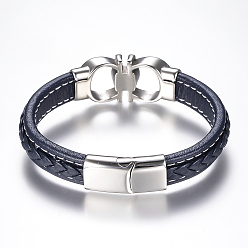 Marine Blue Men's Braided Leather Cord Bracelets, with 304 Stainless Steel Findings and Magnetic Clasps, Marine Blue, 8-5/8 inch(220mm)