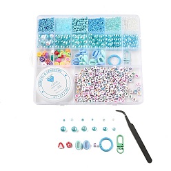 Темно-Голубой Сделай сам наборы для ключей, включая стеклянные бусины, бусины из АБС-пластика и полимерной глины, сплав застежка, эластичная нить, пинцет, глубокое синее небо, 3x2 мм, отверстие : 1.2 мм