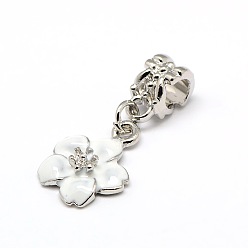 Blanco Gran esmalte de la aleación del agujero colgantes europeos cuelgan, flor, color del metal platino, blanco, 29 mm, agujero: 4.5 mm