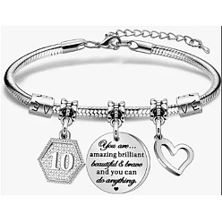 Нержавеющая Сталь Цвет День рождения 201 браслеты с подвесками из нержавеющей стали, браслеты из змеиной цепи для женщин, шестиугольник, сердце и овал, цвет нержавеющей стали, 3 дюйм (7.5 см)