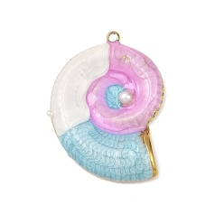 Фиолетовый 304 нержавеющей стальной эмали подвески, с пластиковыми жемчугом, форма раковины, золотые, фиолетовые, 33x24.5x3.7 мм, отверстие : 1.8 мм