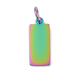Rainbow Color Ионное покрытие (ip) 304 подвески из нержавеющей стали, с целью перехода в кольце, зеркальная полировка, прямоугольный шарм, штамповка пустой метки, Радуга цветов, 14x6x1 мм, отверстие : 3.5 мм