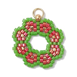 Light Green Handmade Seed Beads Pendants, with Elastic Thread, Loom Pattern, Flower, Light Green, 23x22x3mm, Hole: 3.4mm