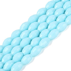 Light Cyan Opaque Solid Color Glass Beads Strands, Rice, Faceted, Light Cyan, 8~9x5~6mm, Hole: 0.9~1mm, about 67~68pcs/strand, 22.83~23.62 inch(58~60cm)