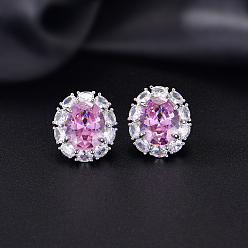 Pink Brass Micro Pave Cubic Zirconia Oval Stud Earrings for Women, Platinum, Pink, 18x15.7mm