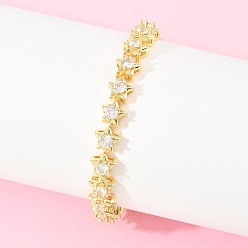 Настоящее золото 18K Браслеты из латуни с прозрачными фианитами, украшенные цепочками, для женщин., долговечный, без свинца и без кадмия, реальный 18 k позолоченный, 7.44 дюйм (18.9 см)
