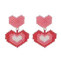 Hot Pink Glass Seed Braided Double Heart Dangle Stud Earrings, Brass Jewelry for Women, Hot Pink, 32mm, Pin: 0.8mm