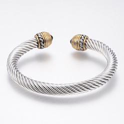 Golden & Stainless Steel Color 304 Stainless Steel Cuff Bangles Torque Bangles, with Glass Rhinestone, Golden & Stainless Steel Color, 50x58mm(2 inchx2-1/4 inch)