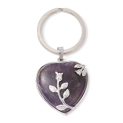 Amethyst Natural Amethyst & Brass Heart Pendant Keychains, with Iron Split Key Rings, 7cm, Pendants: 36x33x10mm