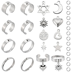 Нержавеющая Сталь Цвет Набор для самостоятельного изготовления кольца-подвески, включая 304 основания для колец-петлей из нержавеющей стали, переходные кольца и подвески, звезда Давида, луна, звезда и солнце, цвет нержавеющей стали, 36 шт / коробка