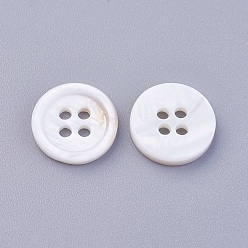 Floral White 4-Hole Shell Buttons, Undyed, Flat Round, Floral White, 11.5x2mm, Hole: 1.5mm