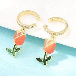 Оранжевый Серьги-манжеты из латуни с прозрачными кубическими циркониями ко Дню святого Валентина, с эмалью, цветок, без кадмия и без свинца, долговечный, стойки покрытие, реальный 18 k позолоченный, оранжевые, 21.5x14 мм