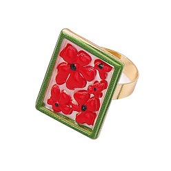 Rectangle Verstellbare Manschettenringe aus Zinklegierung mit Emailleblume, golden, rot, Rechteck, Innendurchmesser: 17.8 mm