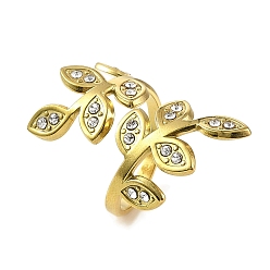 Настоящее золото 18K Ионное покрытие (ip) 304 открытая манжета из нержавеющей стали для женщин, со стразами, лист, реальный 18 k позолоченный, внутренний диаметр: 17.5 мм