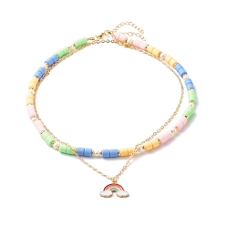 Colorful Polymer Clay Beaded Necklace Set, with Alloy Enamel Rainbow Pendant and Pearl, Brass Cable Chains & Beads, Colorful, 17.72 inch(45cm), 18.11 inch(46cm), 2pcs/set