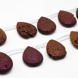 С Фиолетовым Покрытием Гальванические природный кристалл кварца бусы пряди, сверху просверленные бусы, кристаллы Geode druzy, слеза, с фиолетовым покрытием, 29~30x22x8 мм, отверстие : 1.5 мм, около 6 шт / нитка, 6.2 дюйм