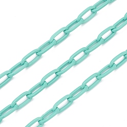 Medium Turquoise Eco-friendly Spray Painted Handmade Brass Paperclip Chains, Flat Oval, Soldered, with Spool, Medium Turquoise, 12.5x6.5x1.5mm, 32.8 feet(10m)/roll