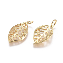 Golden Brass Pendants, with Micro Pave Cubic Zirconia and Jump Rings, Leaf, Clear, Golden, 16.5x10x2.5mm, Hole: 3.5mm