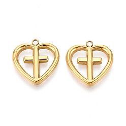 Настоящее золото 14K 304 подвески из нержавеющей стали, крест с подвеской в виде сердца, реальный 14 k позолоченный, 16.5x15.5x2 мм, отверстие : 1.5 мм