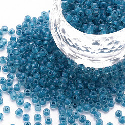 Steel Blue 8/0 Transparent Glass Seed Beads, Round Hole, Frosted Inside Colours, Round, Steel Blue, 3~4x2~3mm, Hole: 0.8mm, about 15000pcs/Pound