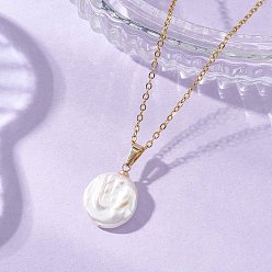 Золотой Подвеска из натурального барочного жемчуга кеши, плоская круглая 304 Цепочка из нержавеющей стали, белые, золотые, 17.52 дюйм (44.5 см)
