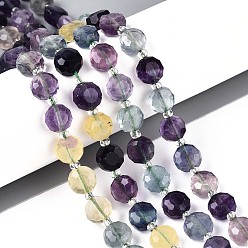 Флюорит Естественные радужные бутиковые бусины, плоско-круглые, граненые, с бисером, 8~9x8~9x5~6 мм, отверстие : 1~1.2 мм, около 19~20 шт / нитка, 7.48~7.68'' (19~19.5 см)