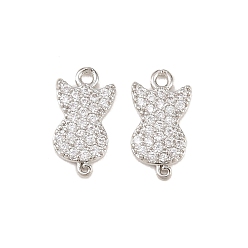 Платина Шармы-соединители из латуни с микропаве из прозрачного кубического циркония, Ссылки в форме кошки, долговечный, стойки покрытие, без свинца и без кадмия, платина, 15x8x2 мм, отверстие : 1.2 мм