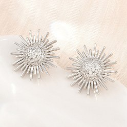 Platinum Brass Micro Pave Cubic Zirconia Stud Earrings for Women, Sun, Cadmium Free & Lead Free, Rack Plating, Platinum, 16.5x16.5mm