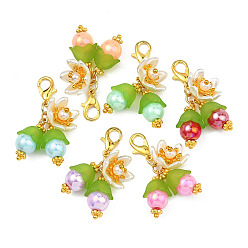 Золотой Цветочные акриловые подвесные украшения, Акриловые бусины, имитация жемчуга , с карабин-лобстерами , золотые, 34.5 мм