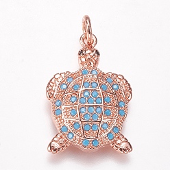 Светло-Голубой Латунные микро проложить кубического циркония подвески, черепаха, розовое золото , Небесно-голубой, 21x14x4 мм, отверстие : 3 мм