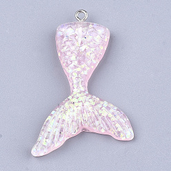 Pink Подвески из смолы, с порошком блеска и железом, форма хвоста русалки, платина, розовые, 46x30x6 мм, отверстие : 2 мм