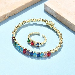 Разноцветный Овальные латунные браслеты-манжеты и кольца с микропаве из кубического циркония для женщин, стойки покрытие, реальный 18 k позолоченный, красочный, браслет: 7ширина мм, внутренний диаметр: 59.5x55 мм