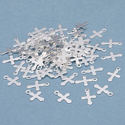 Посеребрённый Латунные крошечные крестики, долговечный, 925 серебро покрытием, 9x6x0.5 мм, отверстие : 0.9 мм