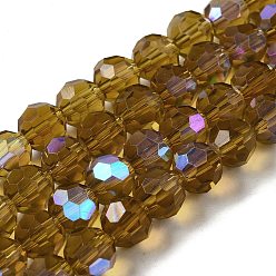 Темно-Золотистый Гальванизируйте прозрачное стекло бисер нитей, граненые, круглые, с покрытием цвета радуги, темные золотарник, 8 мм, отверстие : 1 мм, около 66~69 шт / нитка, 19.29~19.57 дюйм (49~49.7 см)