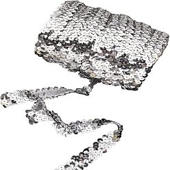 Silver Plastic Paillette Elastic Beads, Sequins Beads, Ornament Accessories, 3 Rows Paillette Roll, Flat Round, Silver, 20x1.5mm, 20m/card