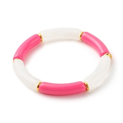 Deep Pink Acrylic Tube Beaded Stretch Bracelets, with Brass Beads, Deep Pink, Inner Diameter: 2-1/8 inch(5.5cm)