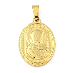Золотой Ионное покрытие (ip) 304 подвески из нержавеющей стали, очарование религиозной темы, овальные с рисунками " virgin mary", золотые, 24x16x2~2.5 мм, отверстие : 5x3 мм