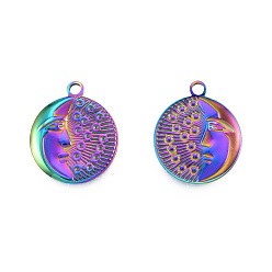 Rainbow Color Ion Plating(IP) 201 Stainless Steel Pendants, Flat Round with Moon & Human Face, Rainbow Color, 24x20x2.5mm, Hole: 2mm