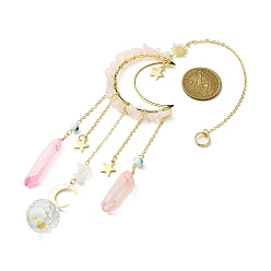 Rose Quartz Moon & Star Brass Hanging Ornaments, Natural Rose Quartz Chips and Glass Tassel Suncatchers, 300~308mm