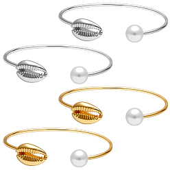 Platinum & Light Gold 4 шт. 2 цвета браслеты-манжеты из сплава в форме ракушки, браслеты с крутящим моментом для женщин, с перлы раковины круглого бисера, платина и светлое золото, внутренний диаметр: 2-1/2x1-3/4 дюйм (6.25x4.3 см), 2 шт / цвет