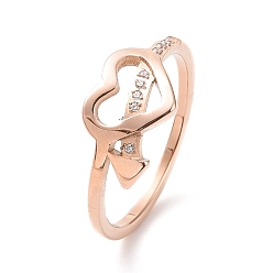Roségold Kristallstrassherz mit Pfeilfingerring, Ionenplattieren (IP) 304 Edelstahlschmuck für Frauen, Roségold, us Größe 5 1/2~9 (16.1~18.9 mm)