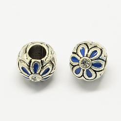 Королевский синий Сплав горный хрусталь эмаль стиль европейские шарики, крупные отверстия круглые бусины с цветком, королевский синий, 10x9 мм, отверстие : 4.5 мм