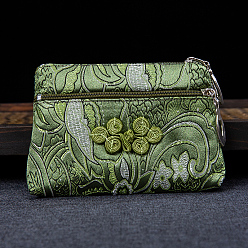 Green Rectangle Chinese Style Silk Zipper Pouches, Change Purses, with Chinese Buckle, for Bracelet, Necklace, Green, 13x9cm