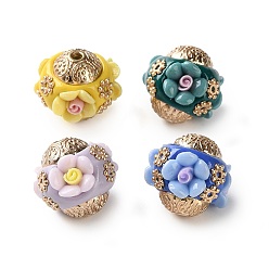 (52) Непрозрачная лаванда Ручная полимерная глиняная индонезия бисер, круглая с цветком, с сердечником из сплава и смолы, золотой свет, разноцветные, 15~16.5x15.5 мм, отверстие : 2 мм