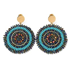 Разноцветный Плоские круглые серьги-гвоздики с плетеными стеклянными бусинами, с вакуумным покрытием PVD 304 штифты из нержавеющей стали, красочный, 65x50 мм